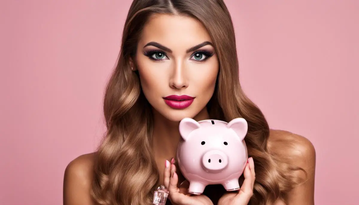 Image of a woman holding a piggy bank with makeup products around her, representing beauty on a budget