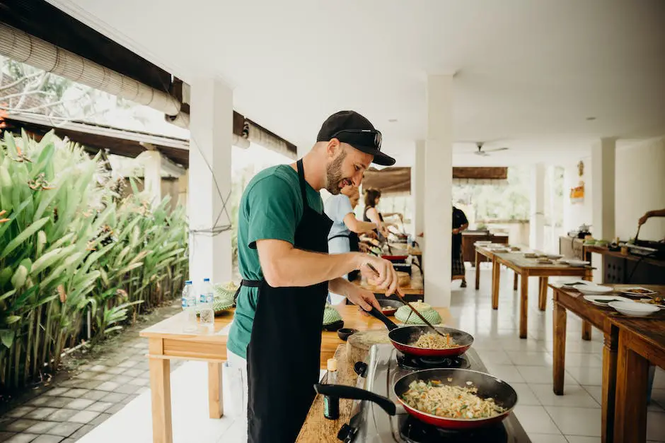 A person happily cooking at home, surrounded by fresh ingredients and colorful pots and pans.