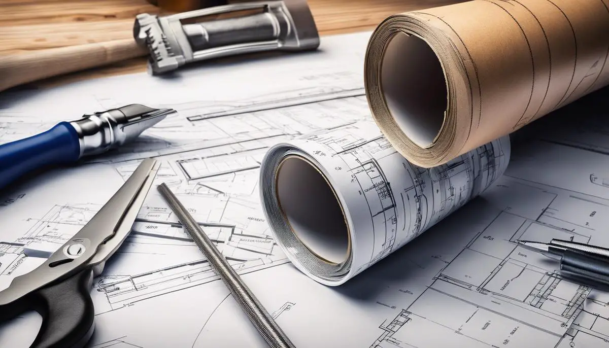 An image depicting a blueprint and construction tools, representing cost-effective renovations.