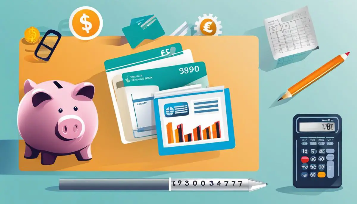Image description: An image showing a credit card with arrows pointing to a piggy bank, a calculator, and a graph, symbolizing saving money and improving financial health.