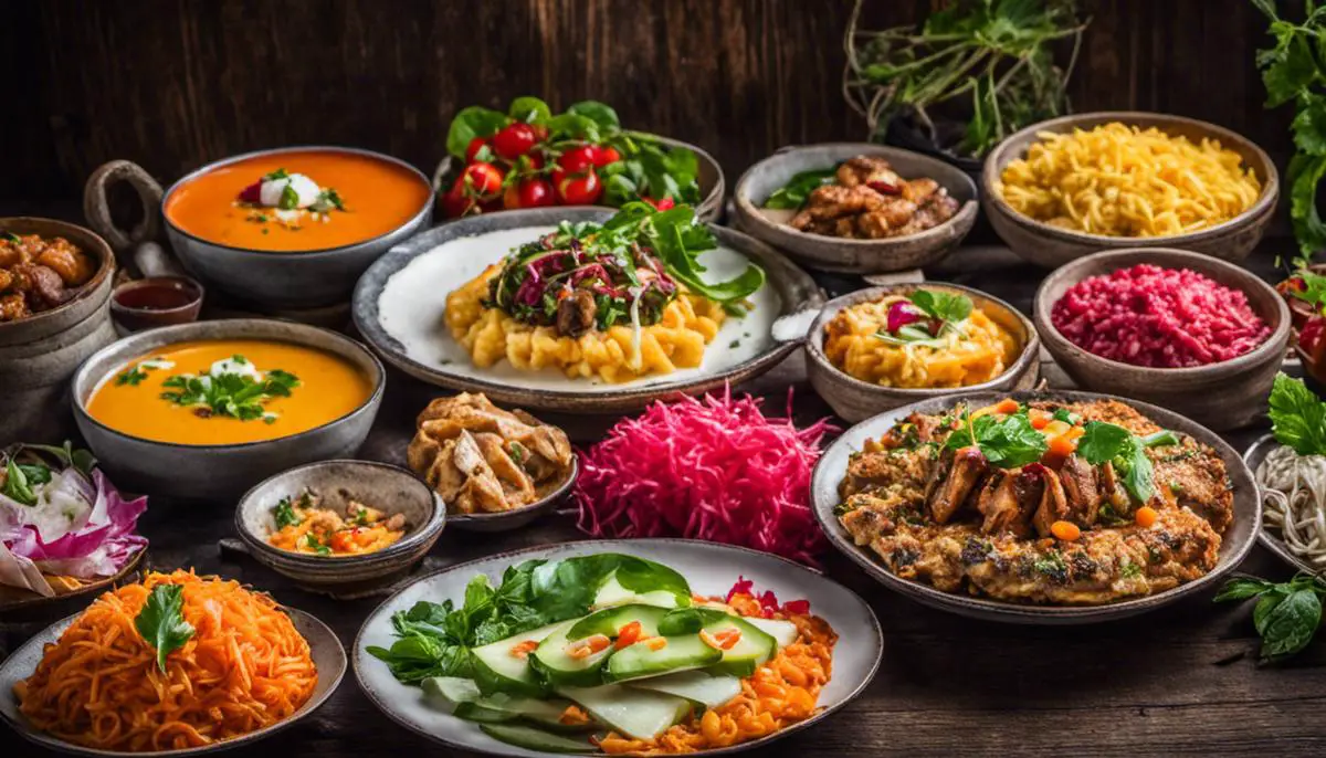 A close-up photo of a plate filled with colorful and delicious dishes from around the world