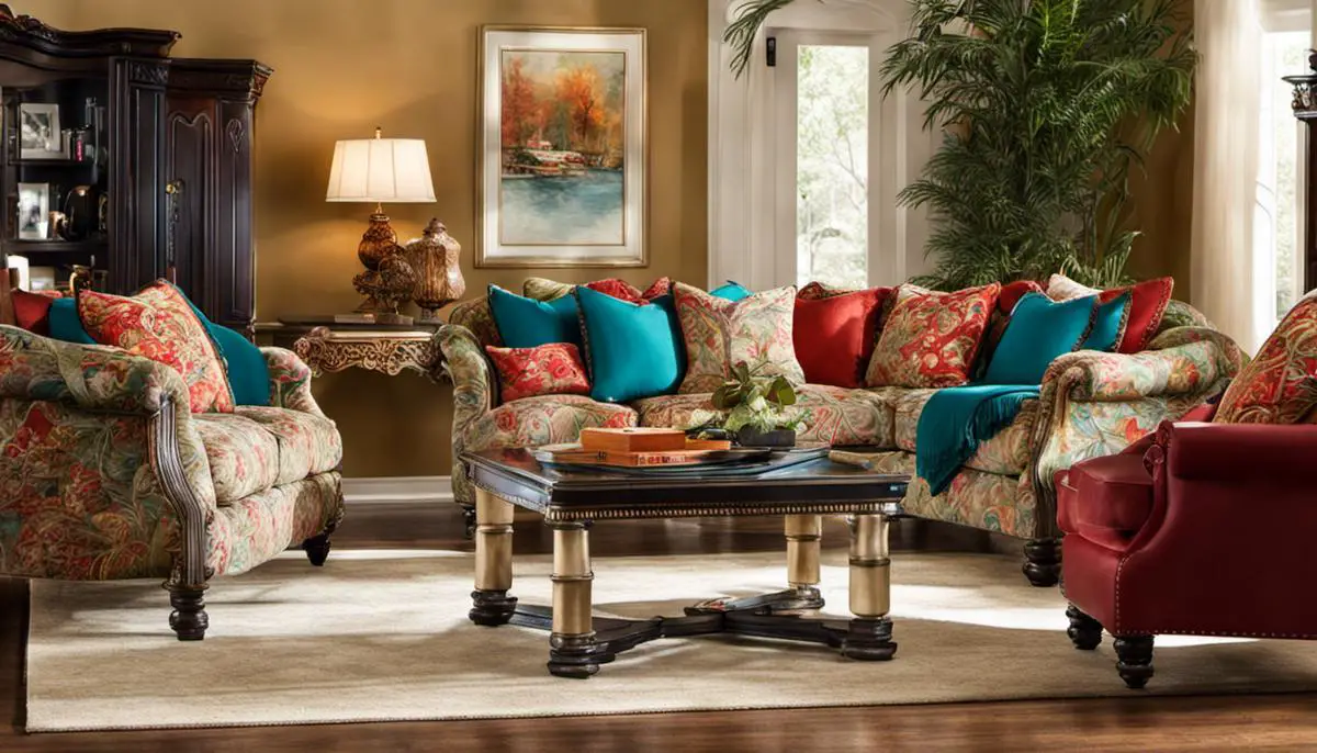 A beautifully decorated living room with handcrafted items and vibrant colors.