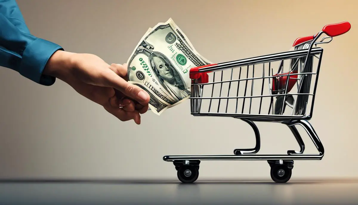 Illustration of a person holding a dollar bill and a shopping cart, representing the connection between financial acumen and shopping strategies