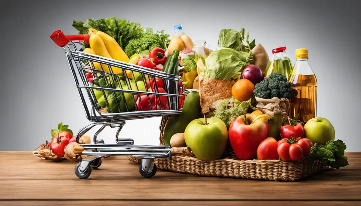 A image of a shopping cart with various groceries inside, representing the idea of saving money on groceries