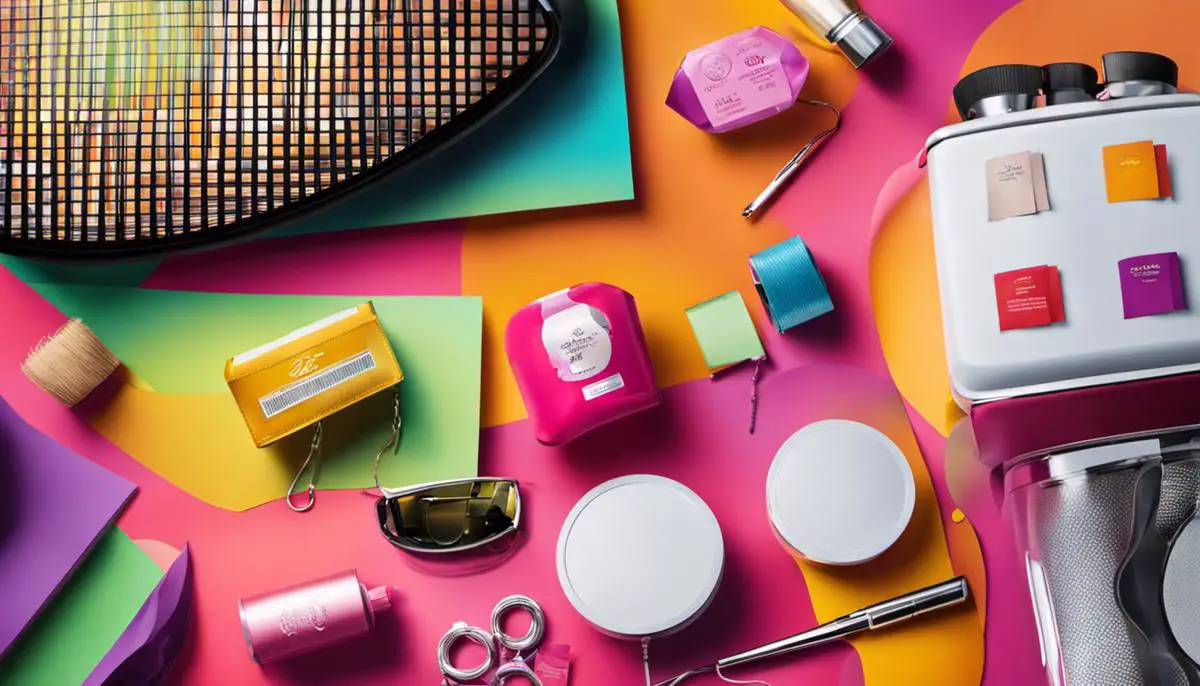 Image description: A depiction of products on sale with a discount tag in a colorful background.